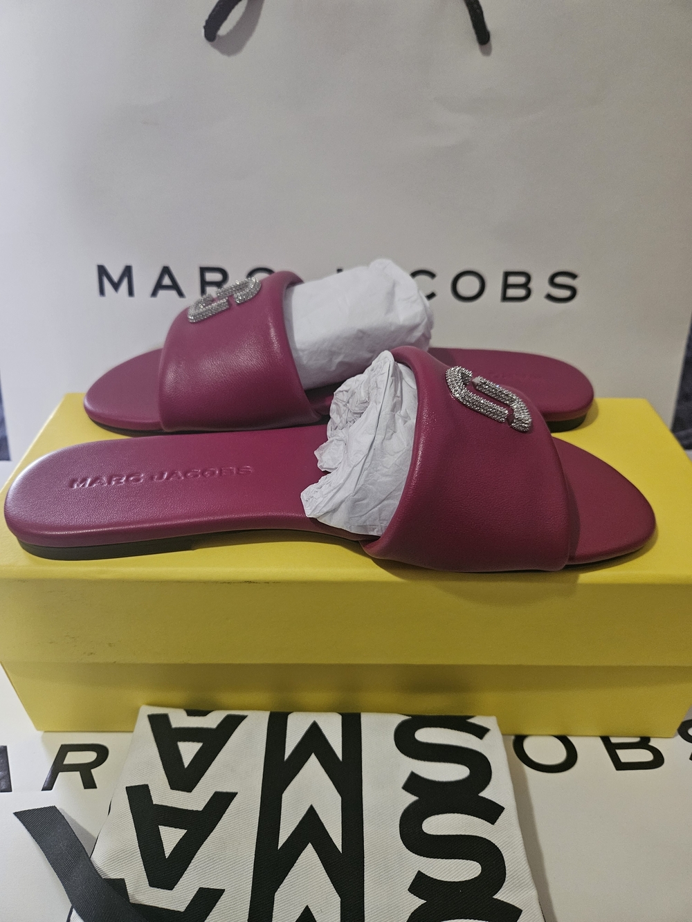 Marc Jacobs Fuchsia Slide Sandals with Crystal Logo Accent - Picture 3 of 11